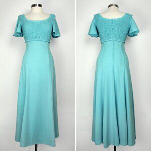 Vintage 70s Flutter Sleeve Blue Maxi Dress, Prom Dress Size Medium